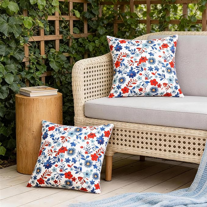 SquarePie 4th of July Outdoor Pillow Covers 18x18 Inch Set of 2 - Waterproof Red Blue Flowers Square Cushion Covers, Patriotic Watercolor Floral Decorative Throw Pillow Cases for Patio Couch Sofa