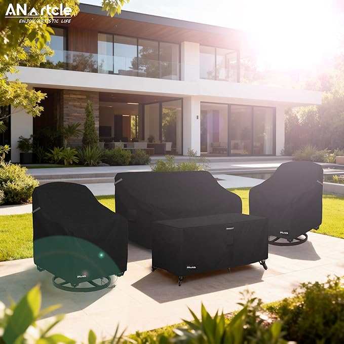 ANartcle Patio Furniture Covers 4 Piece Set, 600D Waterproof Heavy Duty Outdoor Furniture Covers,Fit Wicker Patio Loveseat, Swivel Rocker Chair and Coffee Table,Black