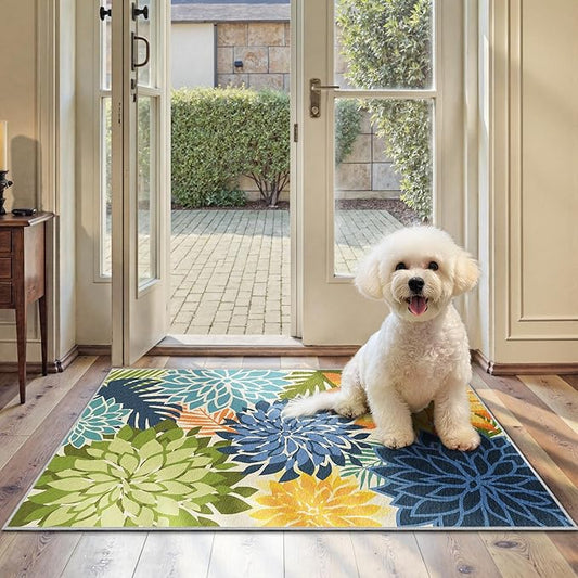 Arenarug 2x3 Colorful Washable Small Rug Tropical Botanical Modern Floral Indoor Chenille Door Mat Carpet Non Slip for Patio, Entry Way, Entrance, Porch, Green