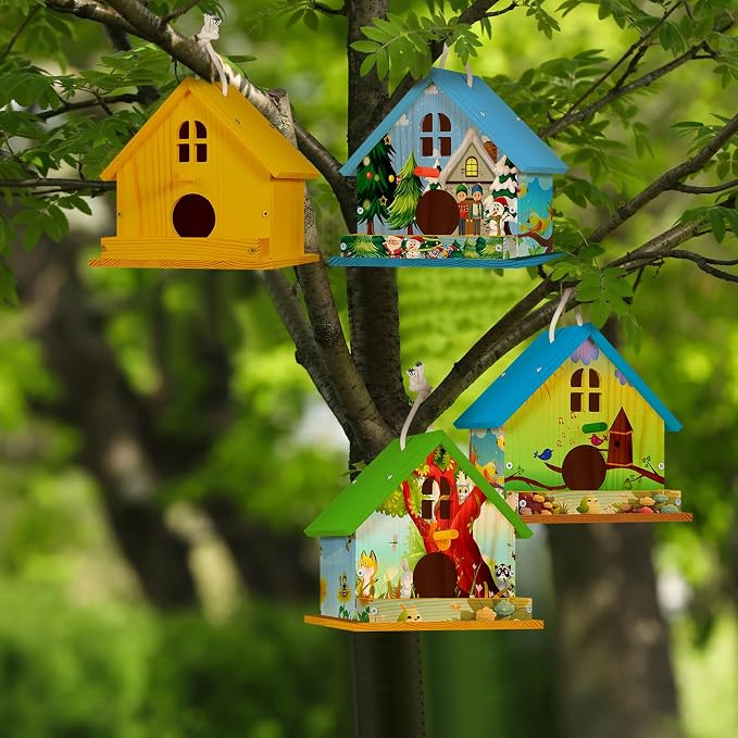 Juexica 4 Pack DIY Birdhouse Kits for Kids Ages 6+ Build and Paint Wooden Bird House Arts and Craft Project with Paint Strips Brushes for Boy Girl Adult Classroom Indoor Outdoor Crafts (Window)