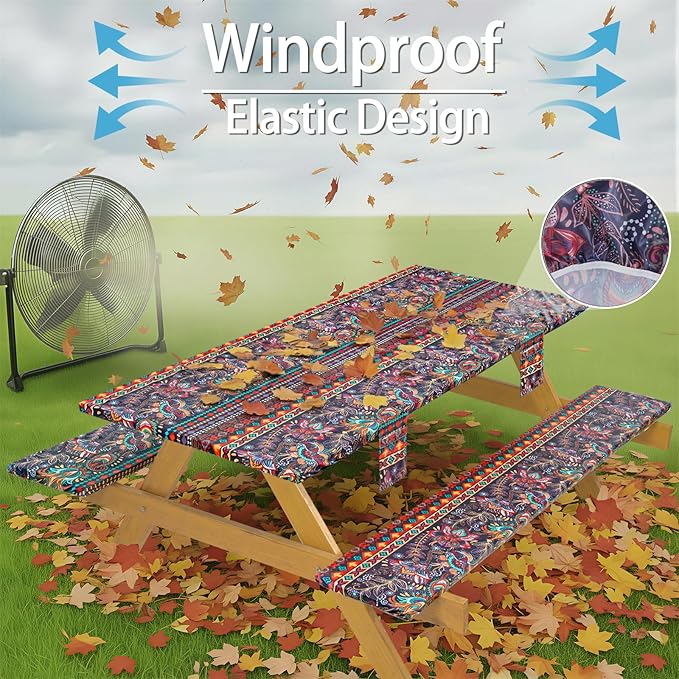 Fitted Waterproof Picnic Table Cover with Bench Covers Heavy Duty Elastic Outdoor Camping Tablecloth for 6 Foot Rectangle Tables Summer Rv Accessories Patio Garden Road Trip Essentials Gifts