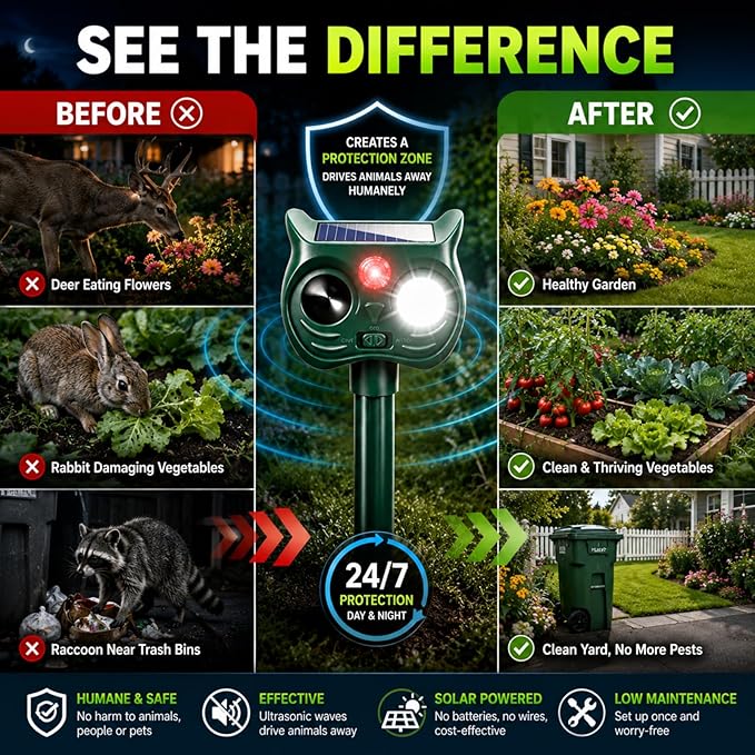 4 Pack New Sonic Fortress Pro Deer Repellent Devices,Solar Ultrasonic Animal Repeller Outdoor for Racoons,Squirrels,Cats,Rabbits,Skunks & Foxes,Waterproof Motion Sensor Animal Deterrent for Garden