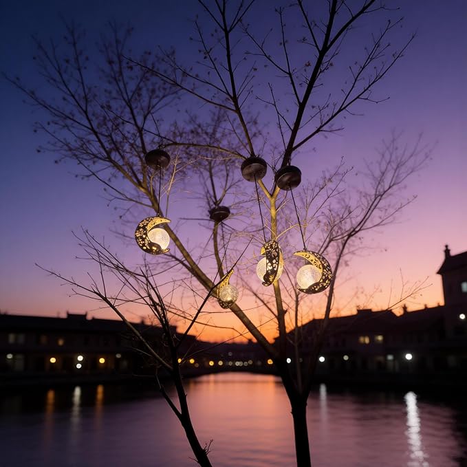 Solar Lanterns Outdoor Waterproof Decor, 4 Pack Hanging Moon Garden Lights Metal Crescent & Crackle Glass Globe, Outside LED Light for Garden, Yard, Patio, Tree, Housewarming Gifts for Women Mom
