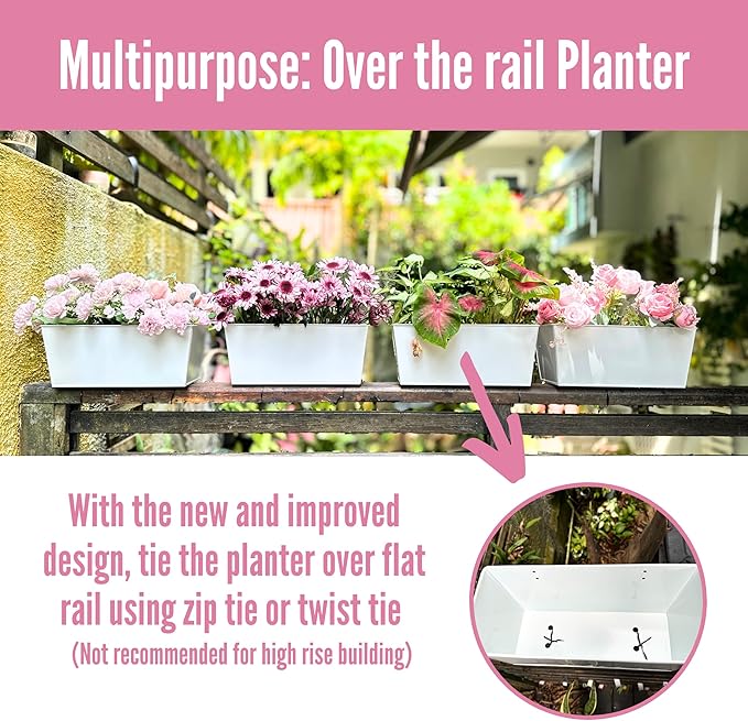 LaLaGreen Rail Planter (16 Inch, 4 Pack) Rectangular Metal Metal Hanging Flower Pots Railing Fence Balcony Gardening for Apartment Patio Planters Garden Style Iron Outdoor Deck Decoration Porch Decor