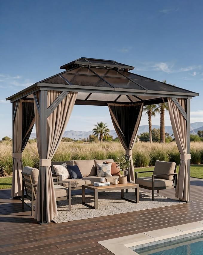 10' x 13' Hardtop Gazebo with Polycarbonate Double Roof, Aluminum Frame Permanent Pavilion with Curtains and Netting, Outdoor Gazebo for Patio Backyard（Khaki）