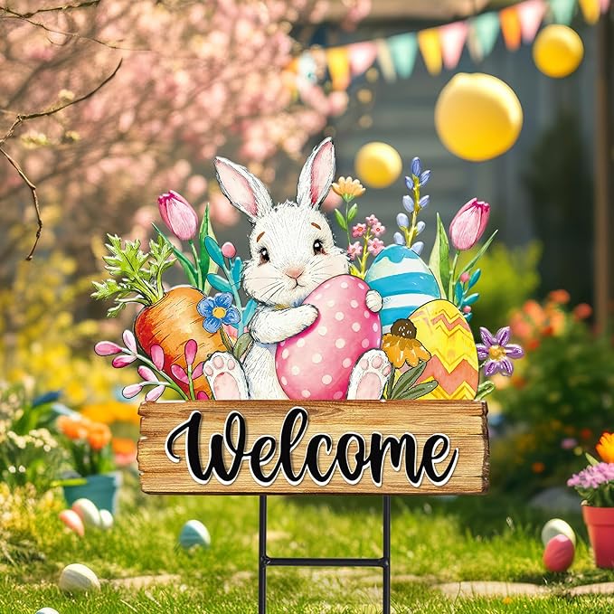 JarThenaAMCS Easter Metal Garden Stake Welcome Yard Sign Watercolor Bunny Rabbit Egg Floral Decorative Lawn Sign for Spring Home Outside Lawn Porch Walkway Pathway