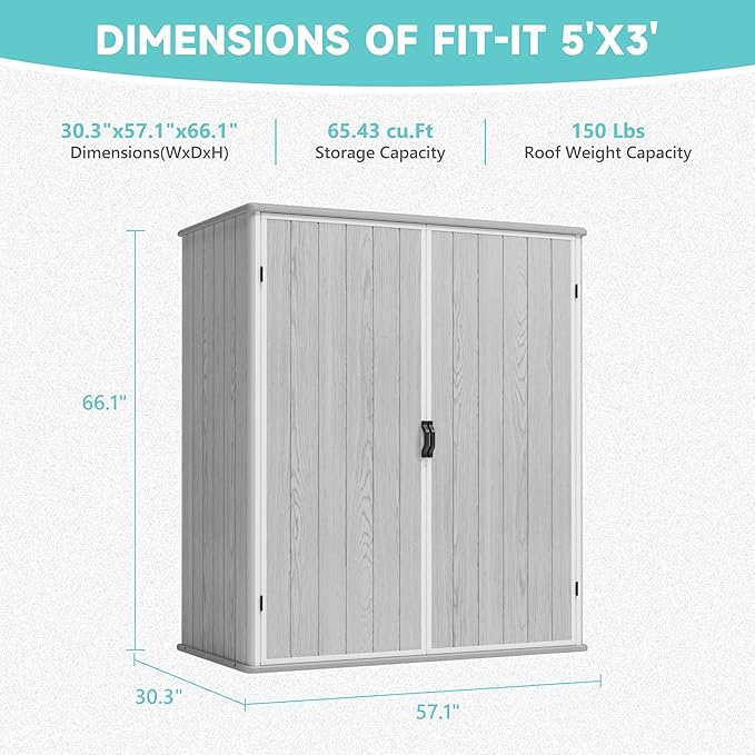 Greesum 5X3FT Plastic Storage Shed with Floor, Resin Outdoor Storaged Shed with Lockable Door, Easy Assembly All-Weather Tool Sheds for Garden, Backyard, Patio, Light Gray (4.7×2.5FT)