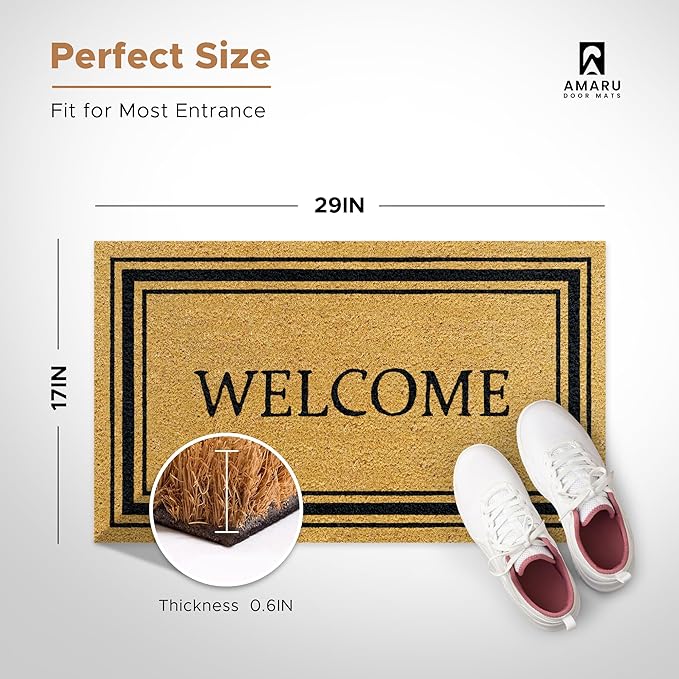 Stylish Welcome - 17"x29" - Coir Door Mat with Heavy Duty Backing - Welcome Mats for Entryway, Porch - Anti-Slip PVC & Coconut Fiber Surface - Natural Home Accessories, Minimalist Original Design