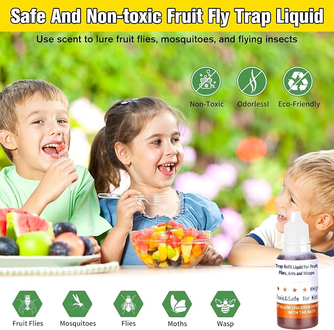 Fruit Fly Trap Refill Liquid, Effective Gnat Killer&Fruit Fly Catcher Bait Refill, Long-Lasting Fruit Scented Ants Attractant for Kitchen Bathroom Living Room Use, Safe Near Food (4 Pack)