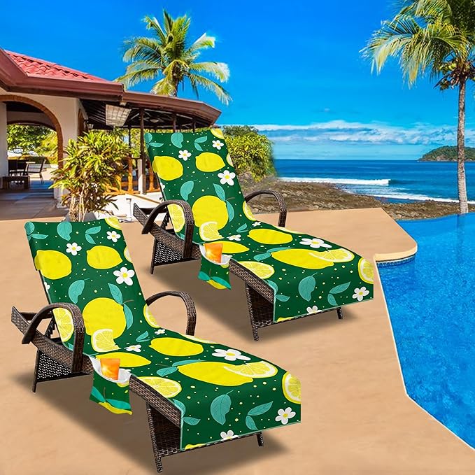 Lounge Chair Towel Cover, Beach Chair Cover (Pack of 2), Pool Lounge Chair Covers for Outdoor,Garden, Beach,Sun Lounger,Hotel Pool,Large Size and No Sliding, 85" X 30", Yellow Lemon