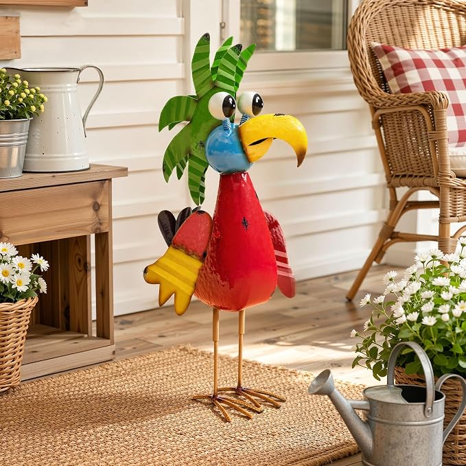 30" Tiki Bird Decor, Large Weatherproof Metal Parrot Yard Art | Handcrafted cartoon parrot with ground stake. For patio, lawn, balcony & indoor. Tropical party decor & unique gift ideal