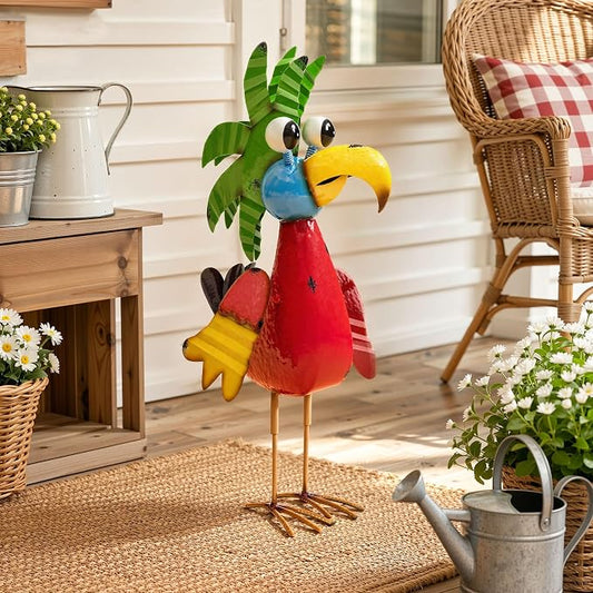 30" Tiki Bird Decor, Large Weatherproof Metal Parrot Yard Art | Handcrafted cartoon parrot with ground stake. For patio, lawn, balcony & indoor. Tropical party decor & unique gift ideal