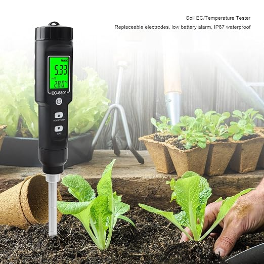 2 in 1 Soil Tester, Digital EC Temperature Meter with Detachable Probe, Portable Soil Meter for Greenhouse Horticultural Planting