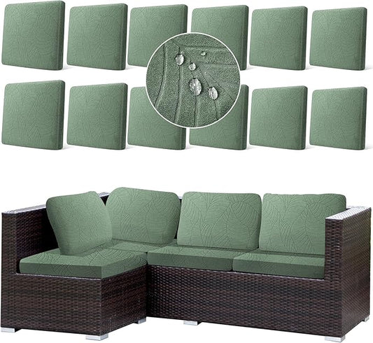 CALBODE 12Pcs Stretch Couch Cushion Covers, Water Resistant Outdoor Sofa Cuhsion Cover Replacement,Washable Outdoor Patio Chair Seat Cushion Covers for Furniture Protect (Sage Green, Leaf Textured)