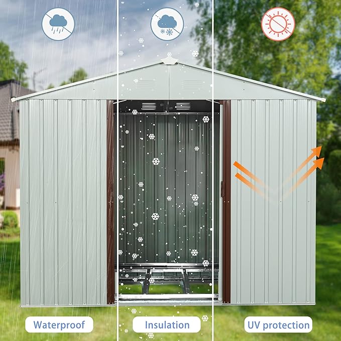 YOPTO 8x4 FT Outdoor Storage Shed,Metal Tool Cabinet with Foundation and Vents,Sliding Doors & Padlock,Waterproof Oversized Shelter for Shovels,Umbrellas,White