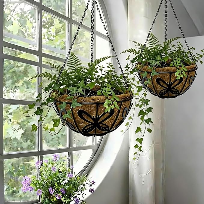 14 Inch Hanging Baskets for Plants Outdoor, 2 Pack Metal Wire Hanging Planters with Coco Coir Liners, Rust-Resistant Flower Basket with Chains & Hooks for Garden Patio Porch Deck Balcony