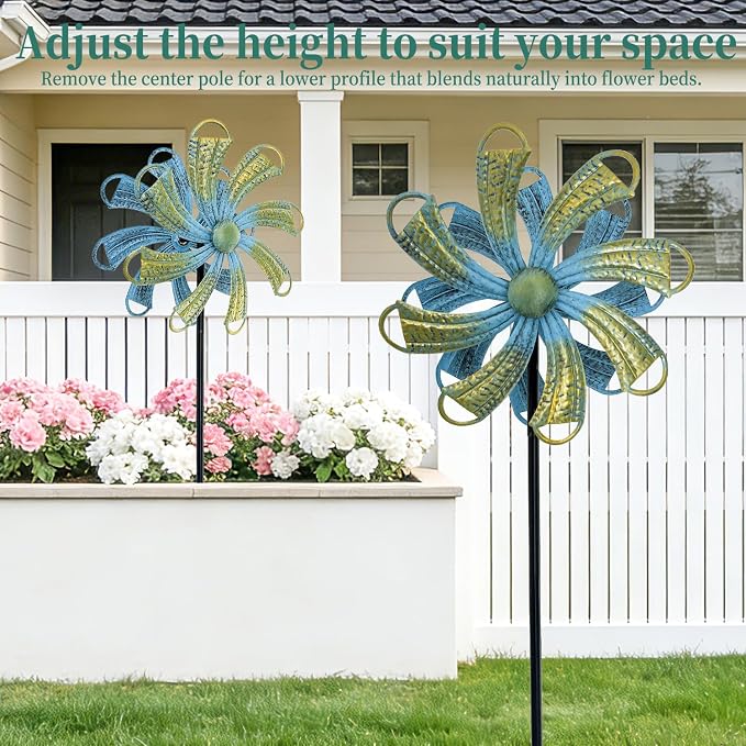 Wind Spinners Outdoor, Bronze Flower Double-Sided 360° Wind Spinner with Stake, Metal Garden Yard Decor (12.3" Dia x 54" H)