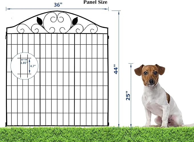 4 Pack 44" H 36" W (Linear Length 12 feet) Black Coated Heavy Duty Steel Decorative Garden Fence Each Panel with 2 Leaves, Heavy Duty Metal Patio Flower Animal Barrier Section Wire Border Fencing