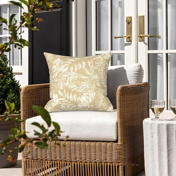LVTXIII 2 Pack Outdoor Pillow Covers ONLY 18x18 Inch, Water-Repellent Square Decorative Cushion Covers for Patio Furniture, Garden, Sofa, Tropical Leaf Oat