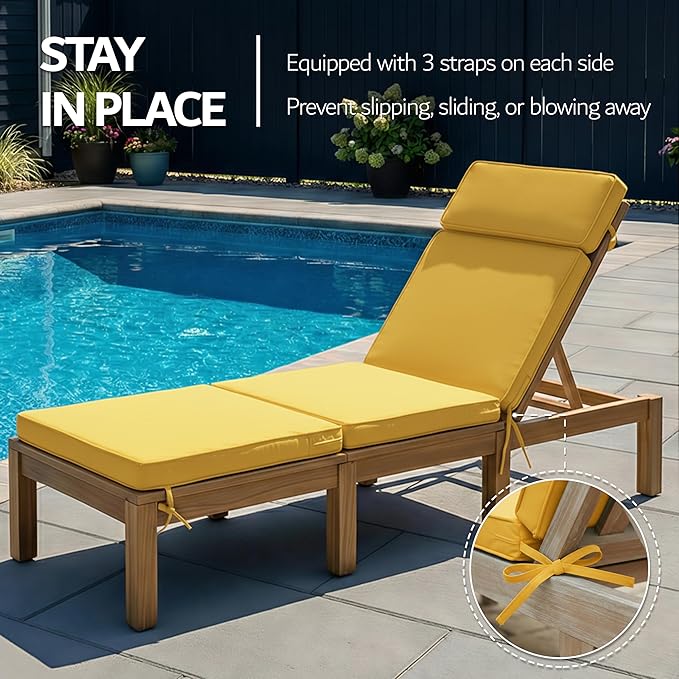 72 x 21 Inch Outdoor Chaise Lounge Cushion - Removable Cover, 4-Section Design, Water-Repellent & Fade-Resistant, 6 Tie Straps, Replacement for Patio & Pool Chairs - Yellow