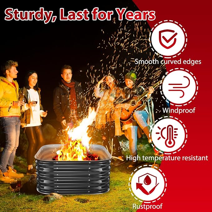 Height 16.5 Inch, Square Galvanized Steel Fire Pit for Outside, Heavy Duty Steel Fire Pit In-Ground for Backyard, Camping, Bonfire, Flower Raised Garden Bed for Garden (2.3x2.3x1.5ft)