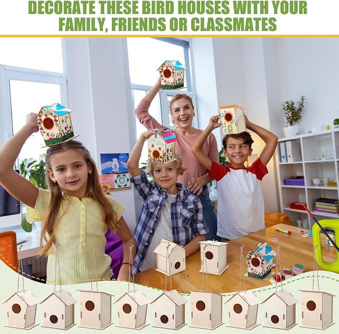 DoubleFill 24 Pcs Bulk Wooden Bird Houses Kits for Kids Mini Bird House for Craft DIY Unfinished Wood Birdhouse to Paint, Build for Children Wooden Arts Classroom Activity, 3 Styles
