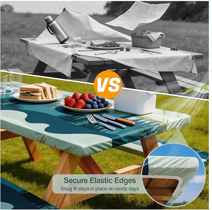Picnic Table Cover with Bench Covers Camping Essentials Waterproof Windproof Camping Tablecloth with Drawstring Bag, Fitted Rectangle Tables and Seats, 96in, Green Blue