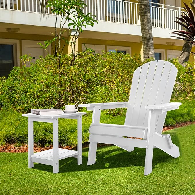 Meluvici Double Adirondack Outdoor Side Table Weather Resistant, Patio Rectangular End Table for Adirondack Chair, White