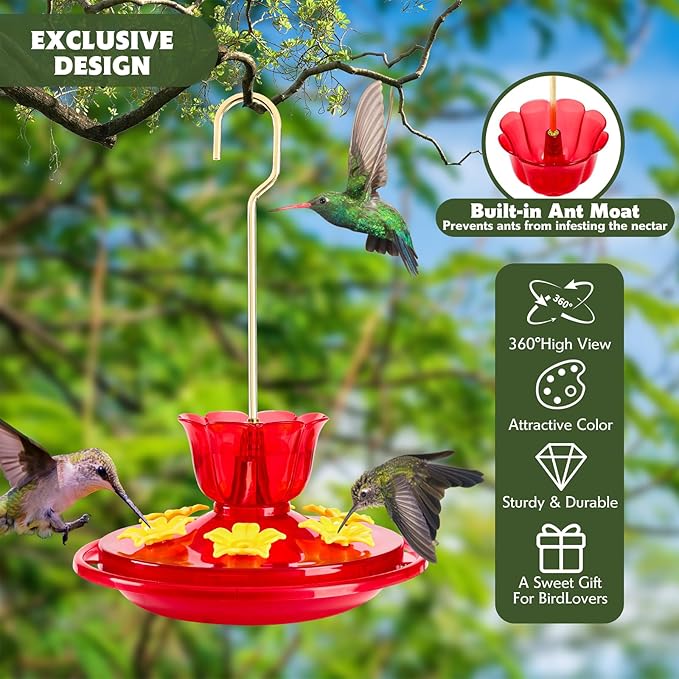 Plastic Hummingbird Feeders for Outdoors Hanging Ant and Bee Proof, 2 Pack 7 OZ Hummingbird Feeder with 6 Feeding Ports and Perches, Built-in Ant Moat, Easy Clean Refill for Garden Décor(Plastic, 2)
