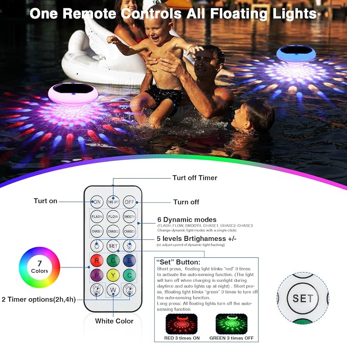 QOLNBY Solar Pool Lights(1 Pack), USB Rechargeable Floating Pool Lights with Remote, 6.69 Inch 2600mAh IP68 Waterproof RGB 6 Dynamic Modes Upper and Lower Glow Hangable Pool Lights that Float
