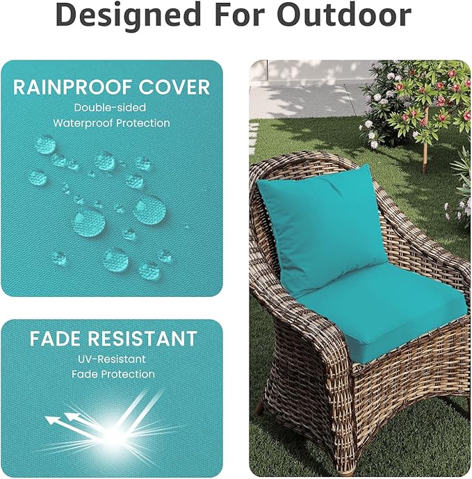 PatioGlow Outdoor Seat Cushion Set 24 x 24 x 4 Inch, Waterproof & Fade Resistant Patio Furniture Cushions with Removable Cover and Ties, Thick Deep Seating Pads for Outside Chair Sofa Couch, Teal