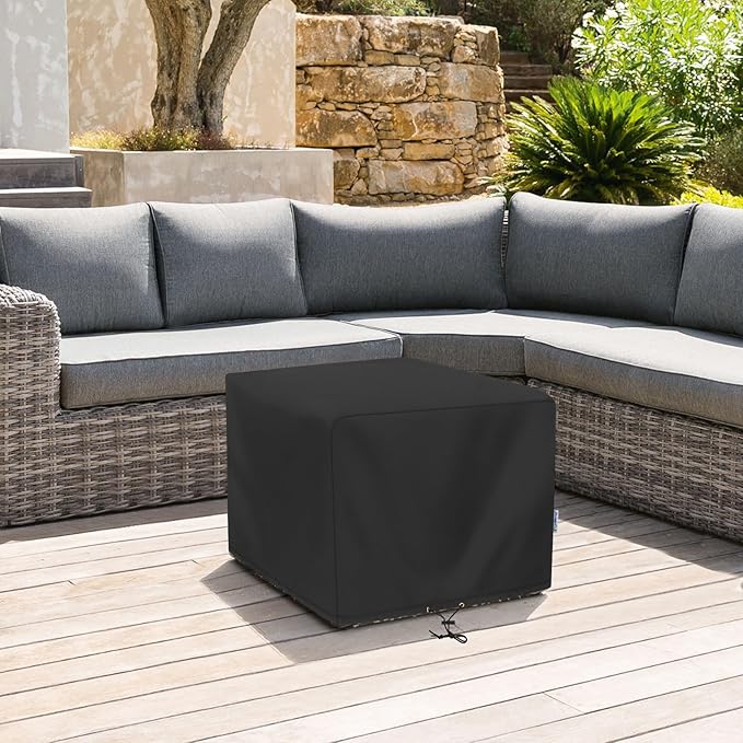 SunPatio Outdoor Ottoman Cover, Waterproof Square Coffee Table Cover, Patio Furniture Covers Side Table Cover, All Weather Protection, 22W x 22D x 18H, Black