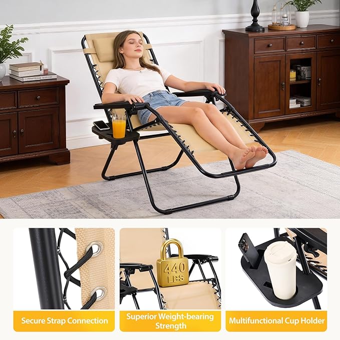NEWBULIG Zero Gravity Chair Set of 2, Lounge Chair Folding Portable Adjustable Camping Reclining Chairs with Adjustable Pollow, Mesh Back, Cup Holder Trays Lawn Patio Chair for Pool Beach - Khaki