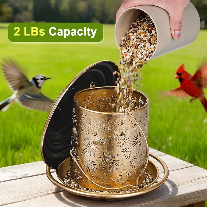 Solar Bird Feeders for Outdoors, Weatherproof Metal Bird Feeder, Outside Hanging Birdfeeder Lantern with Flowers Pattern for Courtyard Garden Decoration
