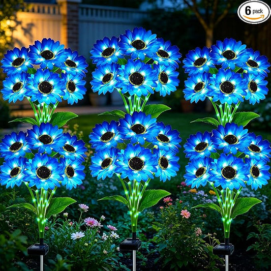 Solar Garden Lights Outdoor, 6 Pack Blue Sunflower Lights with 36 Sunflower, Waterproof 60 Led Garden Fall Decor, Gifts for Mom Grandma, Decorative Solar Flowers for Pathway Patio Yard Decoration