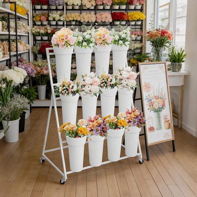 GarveeLife 3-Tier Metal Flower Display Stand with 12 Removable Round Buckets and Wheels, Mobile Flower Cart for Indoor Outdoor Patio Garden Wedding Flower Shop，White