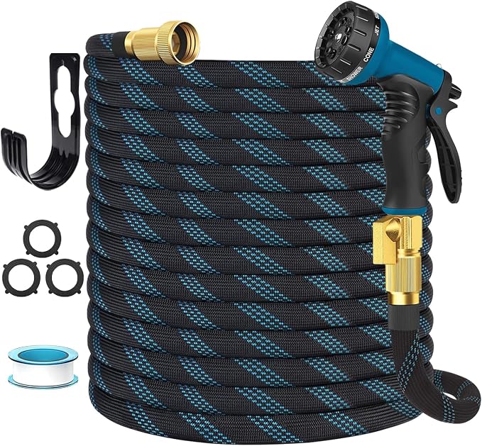 Garden Hose Non-Expandable 75 ft, Lightweight Flexible Water Hose with 10 Function Spray Nozzle, Outdoor Leak Proof, Kink-Free, Portable Hose for Yard, Lawn, Camper, High-Density Fabric, Black Blue