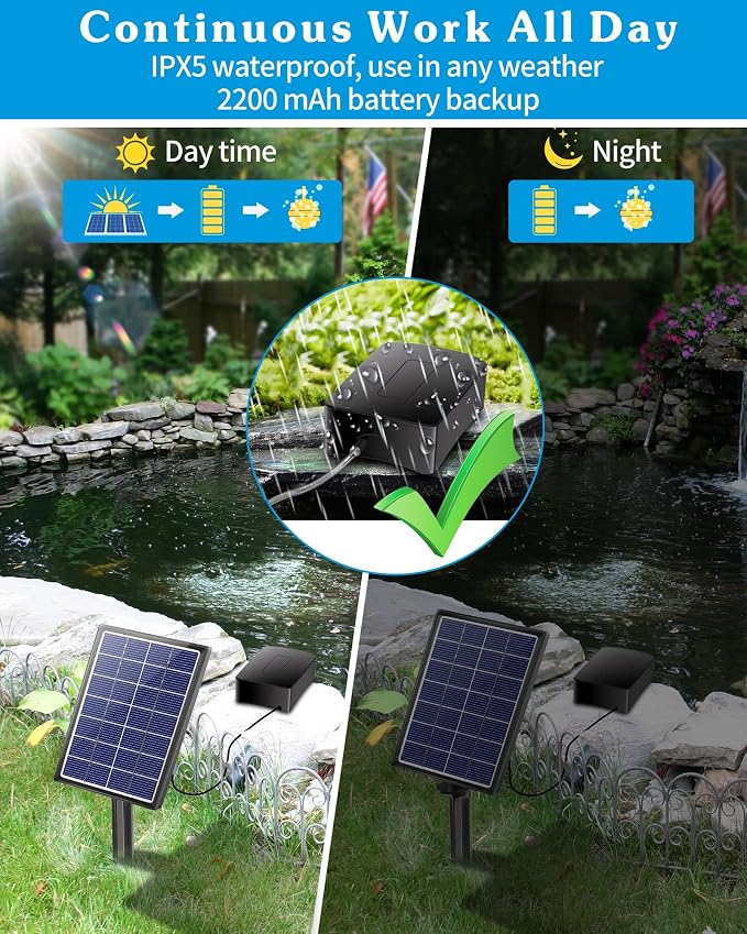 Biling Solar Aerator for Pond with 2200 mAh Battery Backup, 3 Modes Solar Air Pump Hydroponics Air Pump, Solar Powered Pond Aerator Pond Bubbler for Outdoor Fish Pond Stock Tank Aquarium