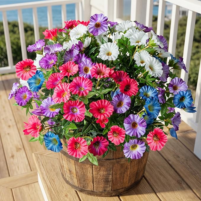Colorful Artificial Morning Glory Flowers for Outdoor Planters, Premium UV Resistant Silk Faux Flowers for Porch, Hanging Basket & Window Box, Vibrant Garden Decor, No Pot, 13.3 Inch, 8 Bundles