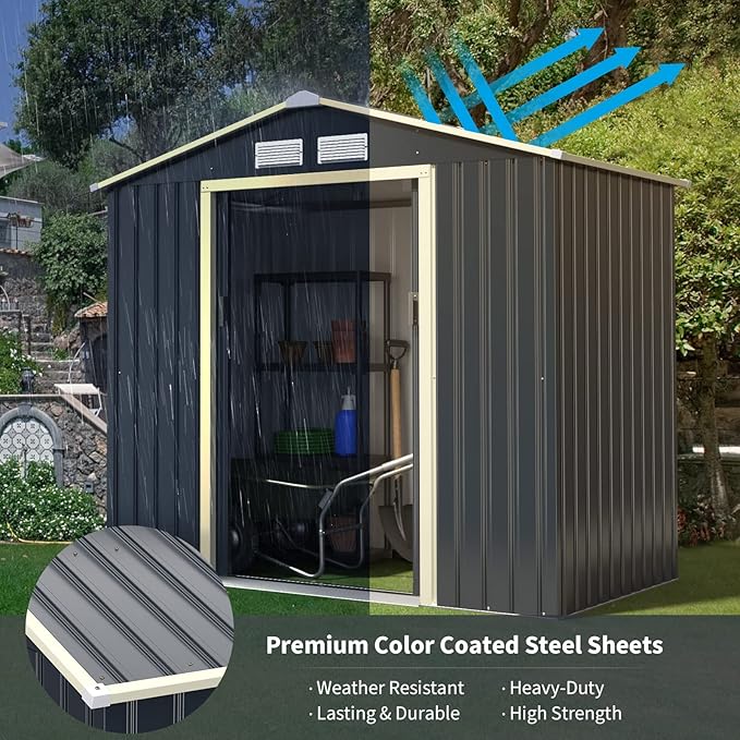Goplus Storage Shed, Metal 7' X 4' Outdoor Building Organizer with 4 Vents & Double Sliding Door for Garden Backyard Farm (7'X4')