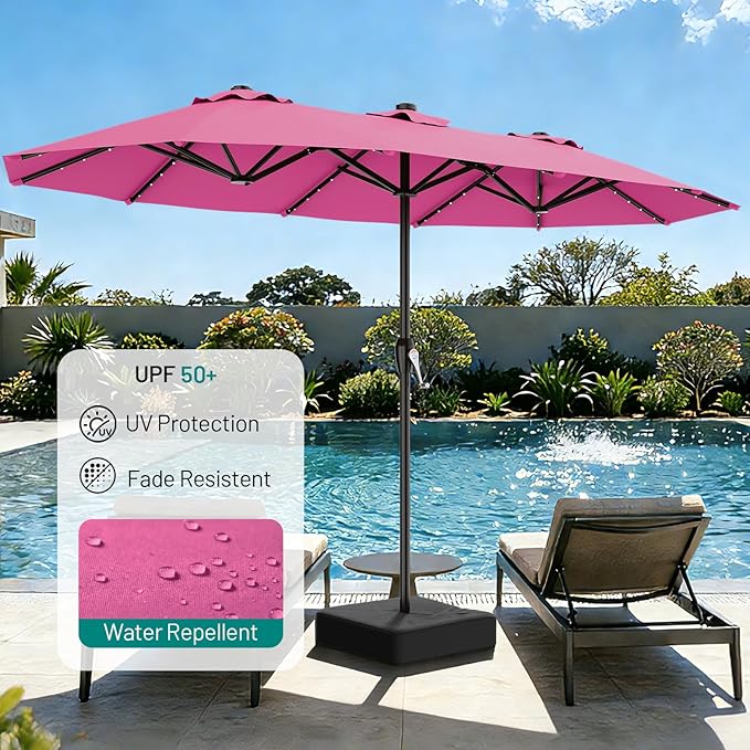 AreShark 15FT Patio Umbrella with Solar Lights, Double Sided Outdoor Table Umbrellas with Crank, Large Rectangular Market Umbrella for Porch, Lawn, Pool, Backyard, Rose Pink