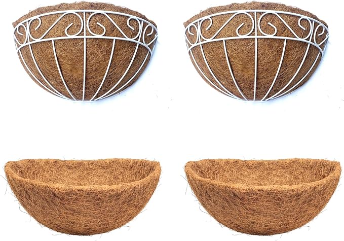 LaLaGreen Bundle- 2 Pack, 16 Inch Metal Basket with Coco Liner + 2 Pack, 16 Inch Half Round Coco Liner Replacement Wall Mount Window Hanging Fence Railings Deck Balcony Flower Pot Outdoor Modern Decor