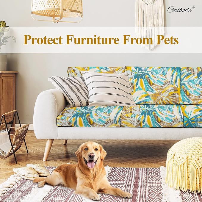 CALBODE 14pcs Outdoor Tropical Plant Printed Sofa Seat Cushion Covers Strechable, Dustproof Elastic Half-Covered Sofa Covers Washable Reusable Patio Furniture Protector（Blue and Yellow, Cover Only）