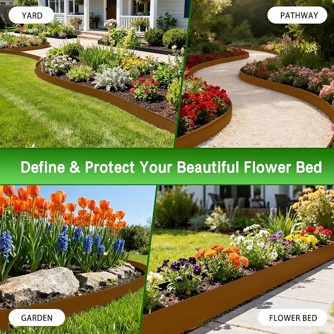 33ft Pre-Rusted Corten Steel Landscape Edging, No-Dig Metal Garden Border, 10 Pack Weathering Steel Interlocking Strips with Clips for Lawn, Path Flower Beds, 4 Inch High