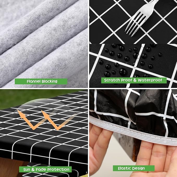 Picnic Table Cover with Bench Covers, Fitted 6ft Waterproof Tablecloth Set for Outdoor Camping & RV - Includes 1 Table Cover & 2 Bench Covers with Drawstring Storage Bag, 30"x72", White Black Grid