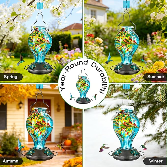 Hand Blown Glass Hummingbird Feeders for Outdoors Hanging, 24oz Wild Bird Nectar Feeder with Ant Moat and Perch, Bee-Resistant Ports, Garden Decor, Gifts for Women Mom, 1 Pack, Blue Phoenix