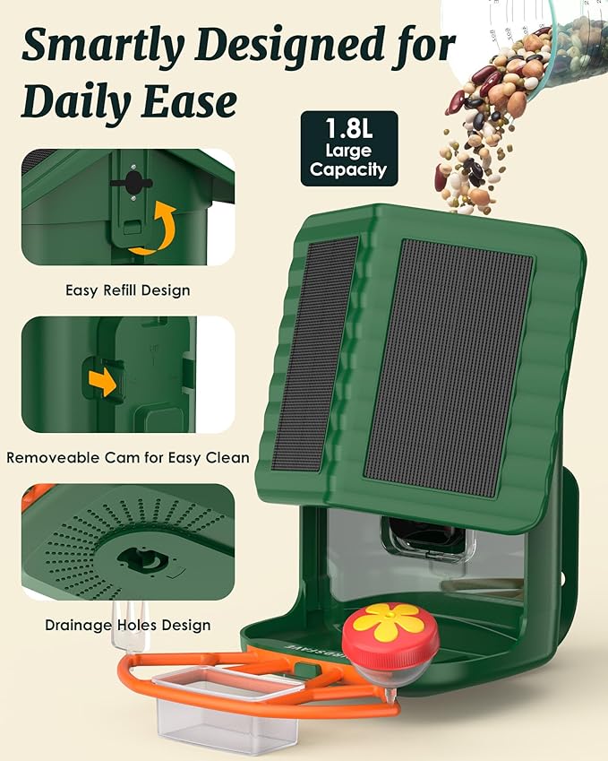 Bird Feeder with Camera Solar Powered, 2K Live Arrival Alert Auto Capture Video with 32GB TF Card, AI Identify Smart Camera Bird Feeder Ourdoor Backyard Gift for Mom Dad Birdlover, 2.4G WiFi
