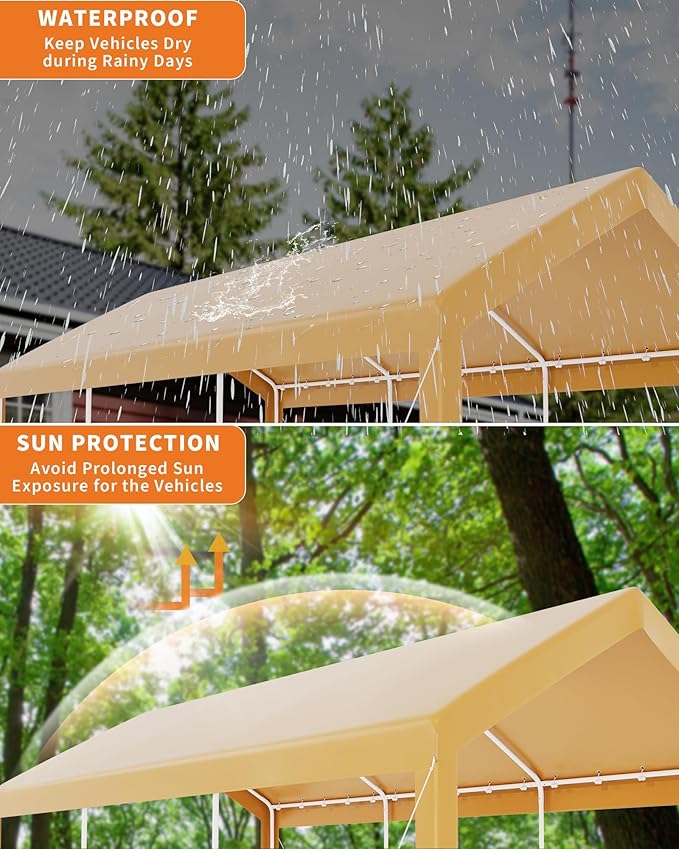10 Ft x 20 Ft Carport Canopy, Portable Heavy Duty Garage Shelter with 8 Legs, Outdoor Car Shelter Tent with All-Season Tarp for Car, Truck, SUV, Boat