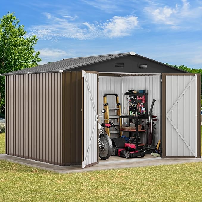 DWVO 10x8ft Outdoor Storage Shed, Large Metal Tool Sheds, Heavy Duty Storage House with Lockable Doors & Air Vent for Backyard Patio Lawn to Store Bikes, Tools, Lawnmowers, Brown