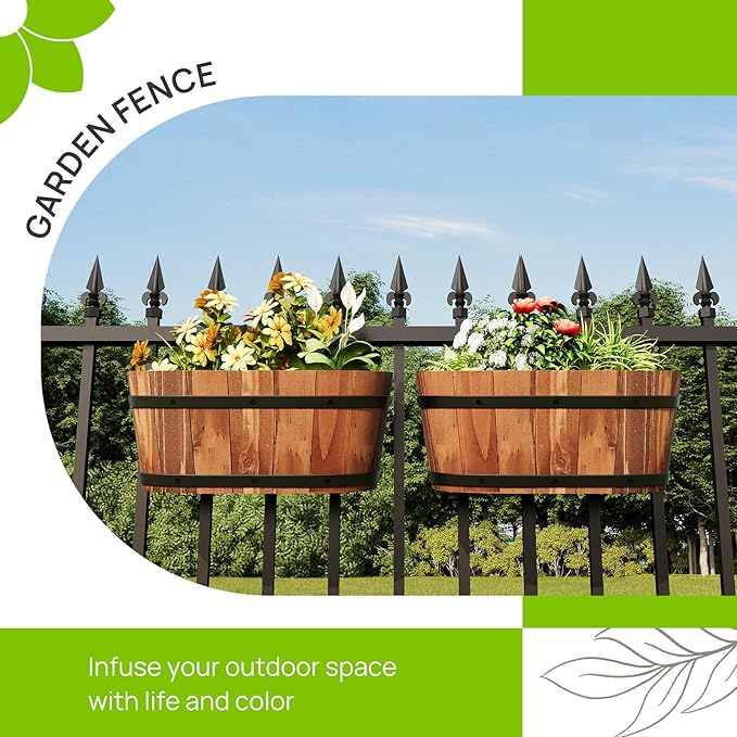 2pcs Wooden Hanging Flower Pots for Railing Fence Outdoor Planter Railing Planter Boxes for Plants Wall Planters Window Flower Box Hanging Bucket Pots Countryside plant Holder (Brown,2pcs,Large)